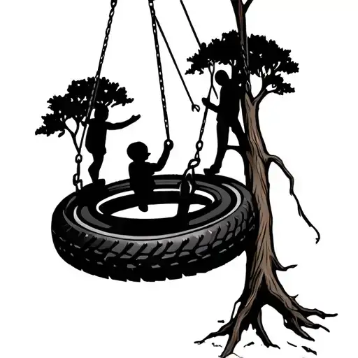 Tree With Tire Swing Hanging 2 Little Boys Playing On Swing