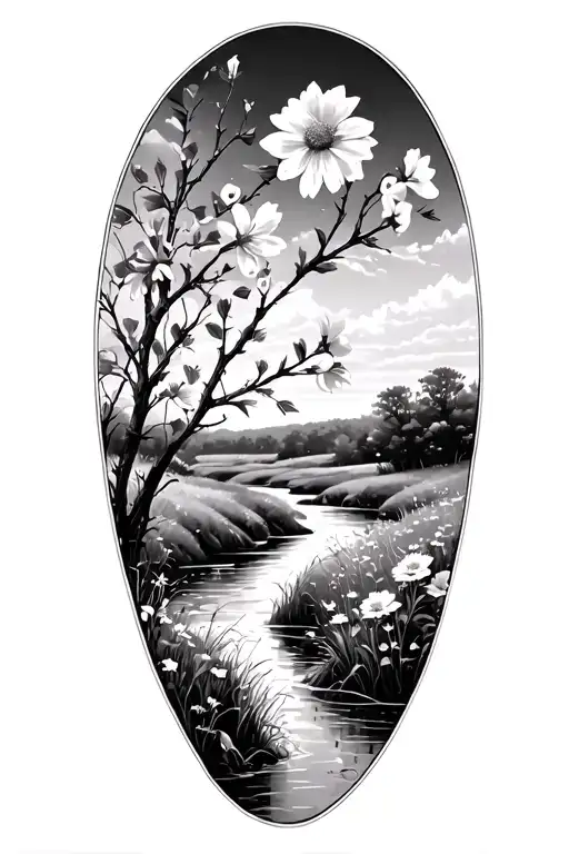 Realism Prairie Landscape With A Flowing River And Flowers And Hawthorne Branch In Forefront