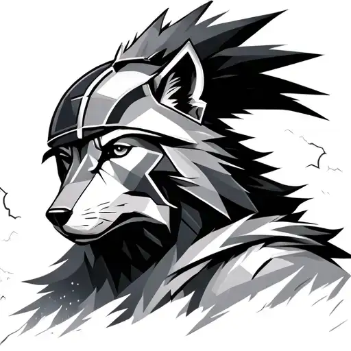 A Geometric Wolf Wearing A Spartan Helmet Looking To The Right With A Storm Behind Him