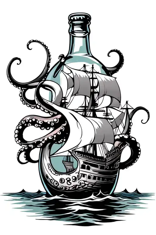 Octopus Attacking Glass Bottle With Ship Sailing