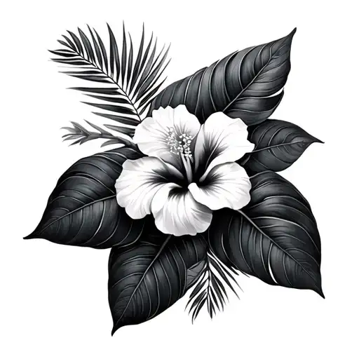 Palm Branches And Hibiscus Flower Large Black Leaves