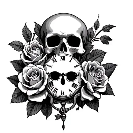 Skulls Roses And Clock