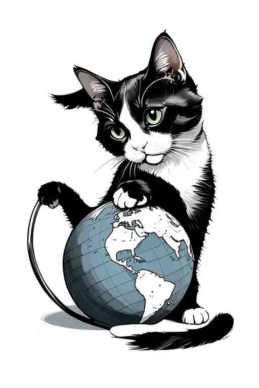 A Black And White Cat Playing With A World Globe