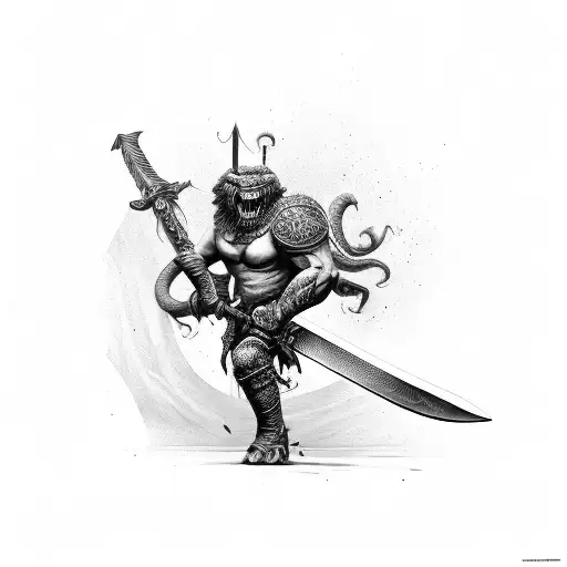 A Barbarian Striking Basilisk With A Big Sword