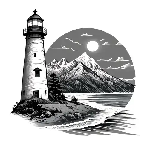 Lighthouse With A Mandal And Nature Buging With Beach And Mountain With An Irondelle