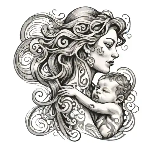 A Portrait Of A Mother And Child With A Background Of Swirling Musical Waves