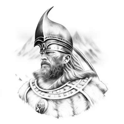 A Black And Grey Portrait Of A Viking Warrior With A Ship In The Background