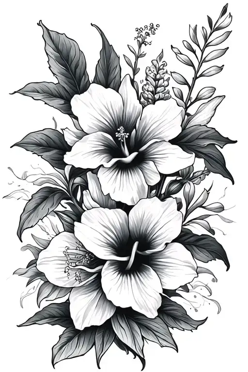 Daffodils And Hibiscus Flower Large Black Leaves Detailed
