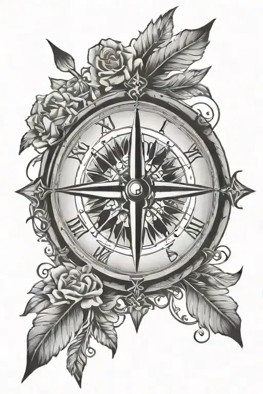 Compass Rose On Clock And Arrow