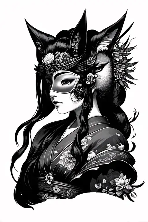 Half Tete Valkyrie And A Half Head Of Geisha With Mask Of Kitsune