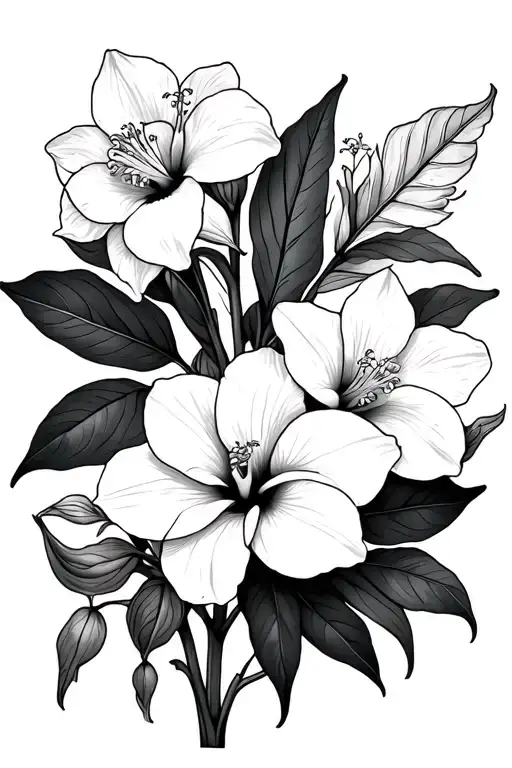 Daffodils And Hibiscus Flower Large Black Leaves