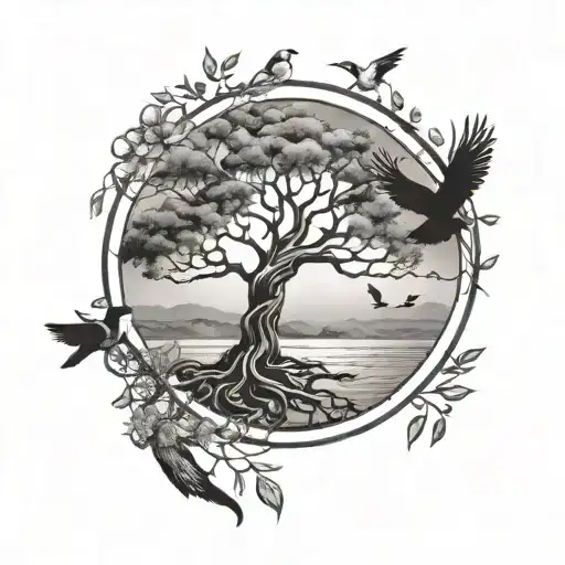 Tree Of Life Peace Freedom With Birds Reflecting Love And Purity On The Coast