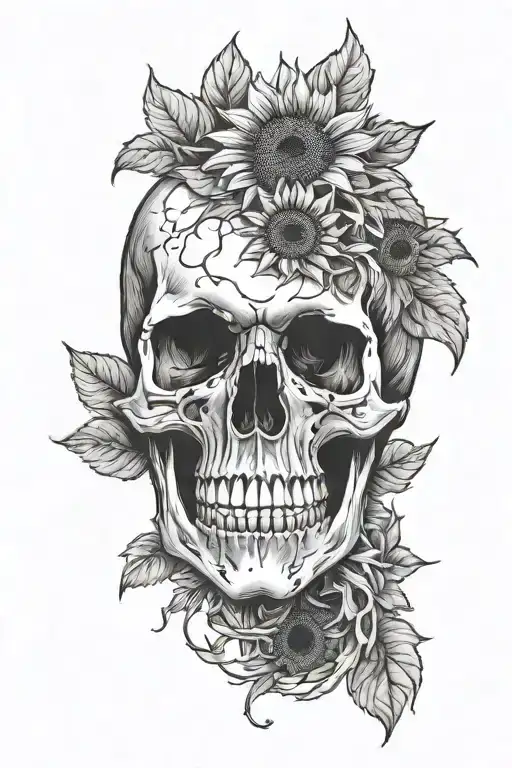 Side Profile Of Skull With Sunflowers Growing Out Of The Top Of The Skull