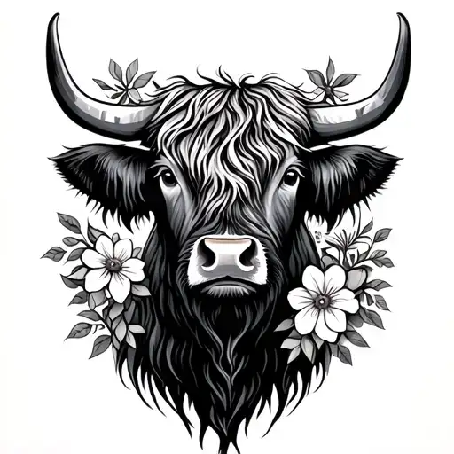 Highland Cow Head Wearing Flowers Between Her Horns