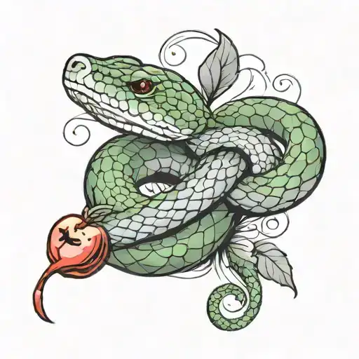 Green Snake Wrapped With Red Apple
