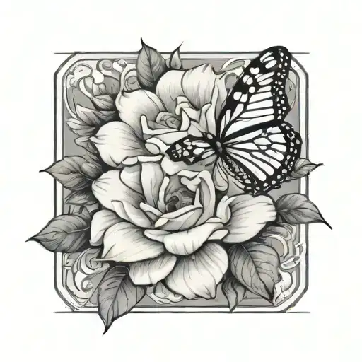 Gardenia Flower Above And Butterfly With A Sunflower Underneath