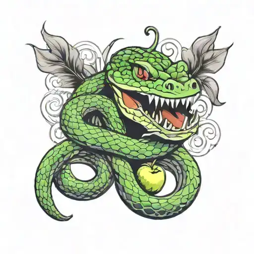 Green Snake Wrapper On The Leg With Red Apple In The Mouth