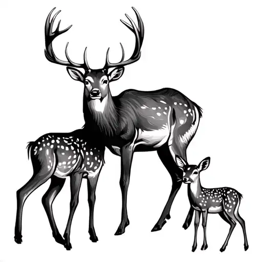 Male Deer With Majestic Antlers 2 Baby Deer By His Side