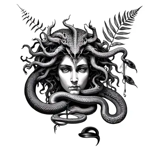 Medusa Gargon And Libra With A Snake With A Fern