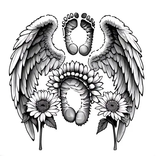 Babies Footprint Angel Wings And Row Of Chrysanthemums