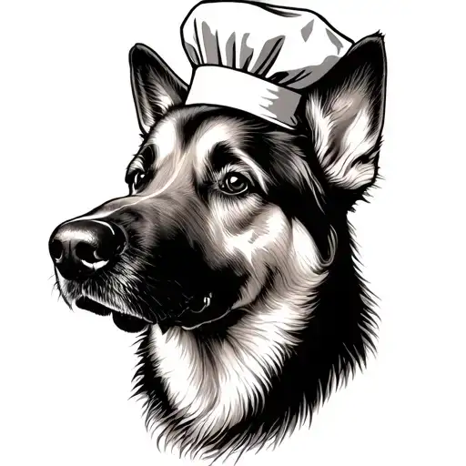 A Dotwork Tattoo Of A German Shepard Dog Wearing A Chef's Hat