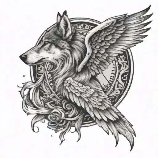 Half Wolf And Half Women With Wings Spread Facing Front
