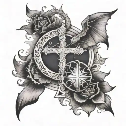 Catholic Cross With Dragon And Filipino Sun Moon Stars