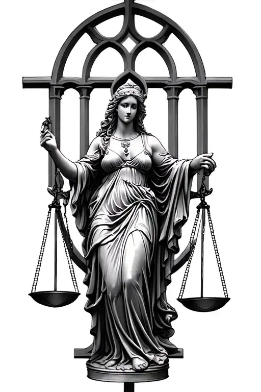 Lady Justice With Church Windows Behind And Spins All Over Tattoo