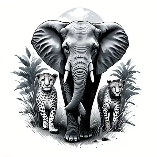 Elephant And Cheetah Walking Surrounded By Nature Scene