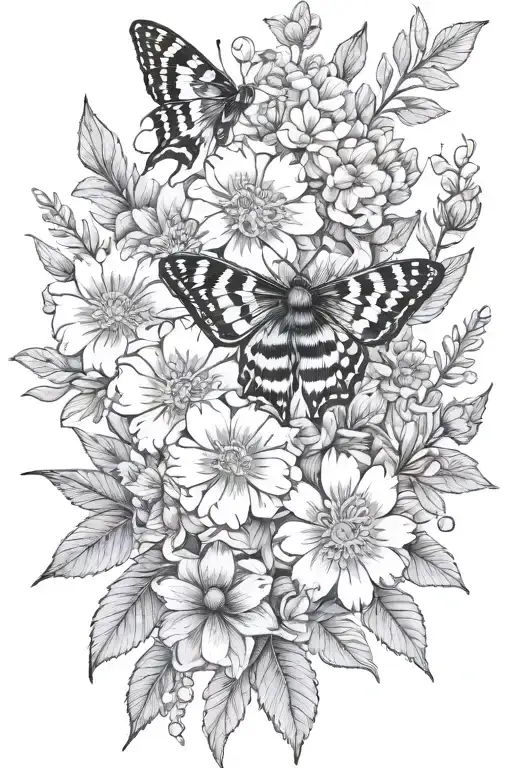 Larkspur Marigold Cosmso Flower Bouquet With A Moth