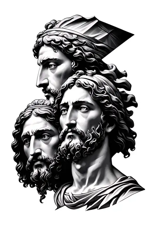 3 Fragmented Faces One Behind Another Of Jesus Plato And Alexander The Great