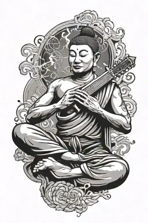 Warrior Monk Meditating Buddha Surrounded My Music Notes