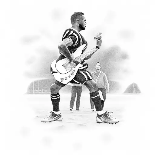 A Black And Grey Portrait Of A Football Player Strumming A Guitar Against A Beach Backdrop