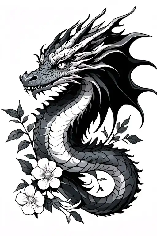 Dragon In Flowers Similar To A Snake With An Elongated Face And A Long Tail