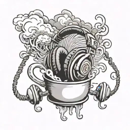 A Detailed Tattoo Of A Coffee Mug With Headphones And A Storm Brewing In The Background