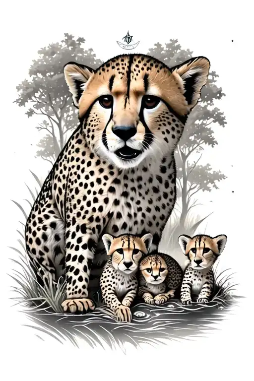 Cheetah Cubs Playing On Grass With Mama Cheetah River And Trees A Compass Ocean