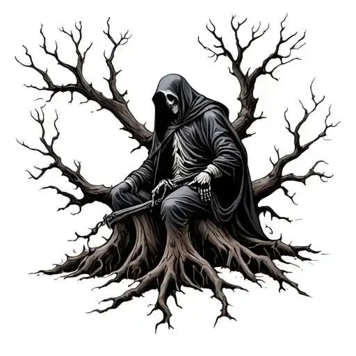 Grim Reaper In The Stump Of Dead Oak Tree Roots