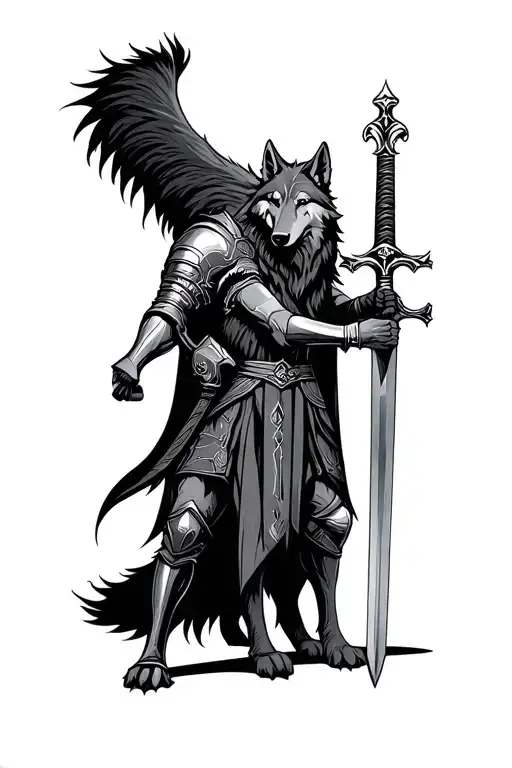 Wolf And Knight Holding A Sword