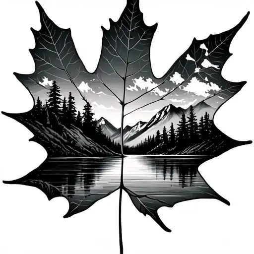Sugar Maple Leaf With Mountain Lake Scene Inide