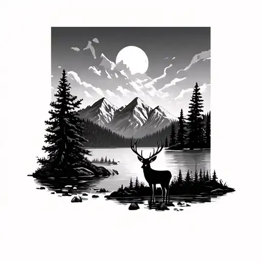 A Deer In The Woods By A Lake And Mountains