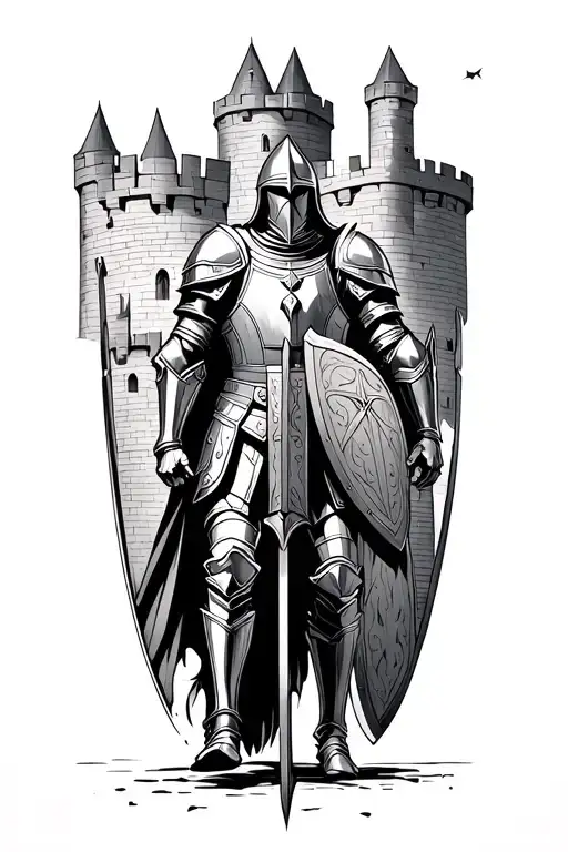 Knight In Armour And Shield Watching Three Knight Heading To Castles Battle