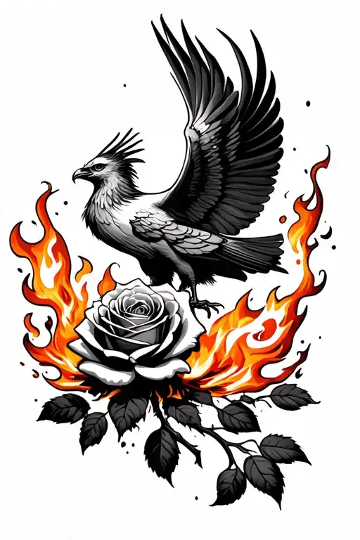 Phoenix Bird Flying Out Of A Burning Rose Ashes Surronding It