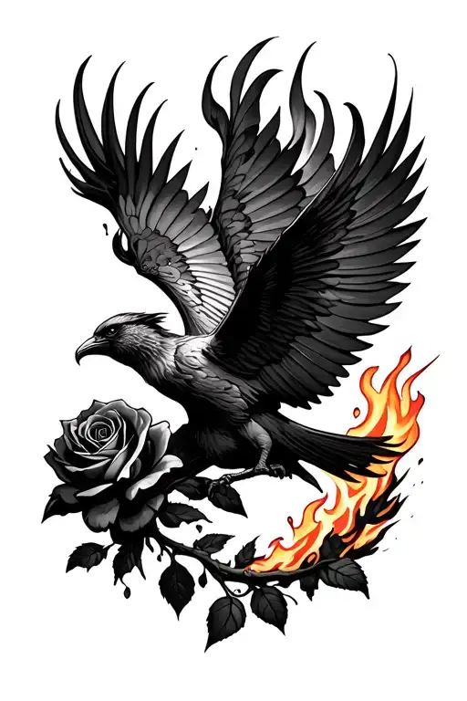 Phoenix Bird Flying Out Of A Burning Rose Ashes Surronding It