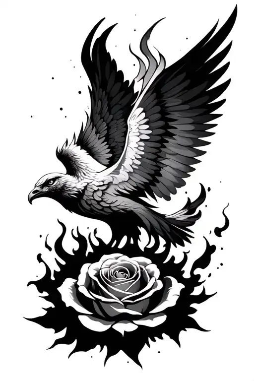 Phoenix Bird Coming Out Of A Burning Rose Ashes Surronding It