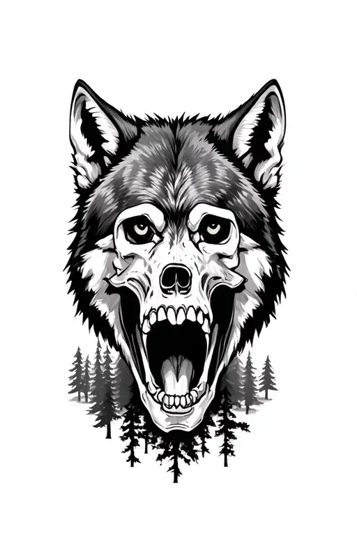 Wolf And Skull In Mouth With Trees In Background