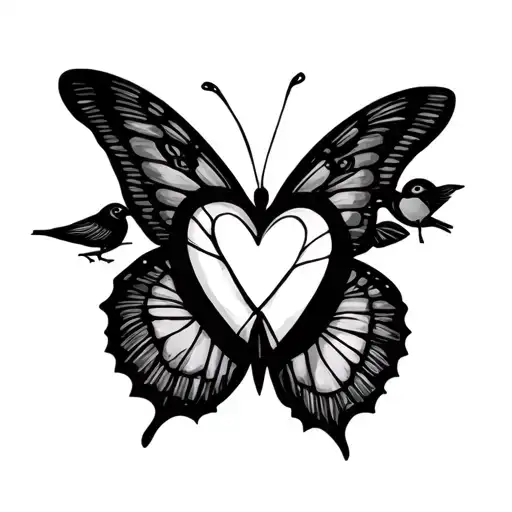 Half Line Heart Butterfly And Bird