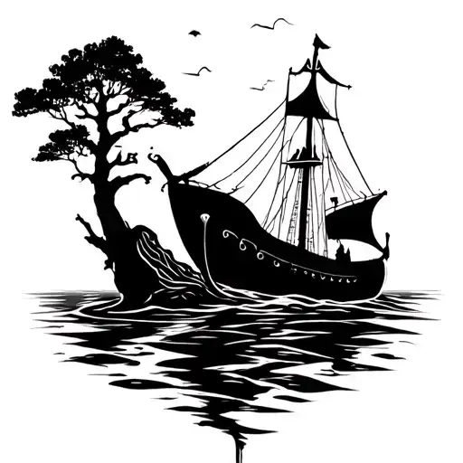 Tree Line Silhouette On Right Wrist Tattoo With Viking Boat In Background