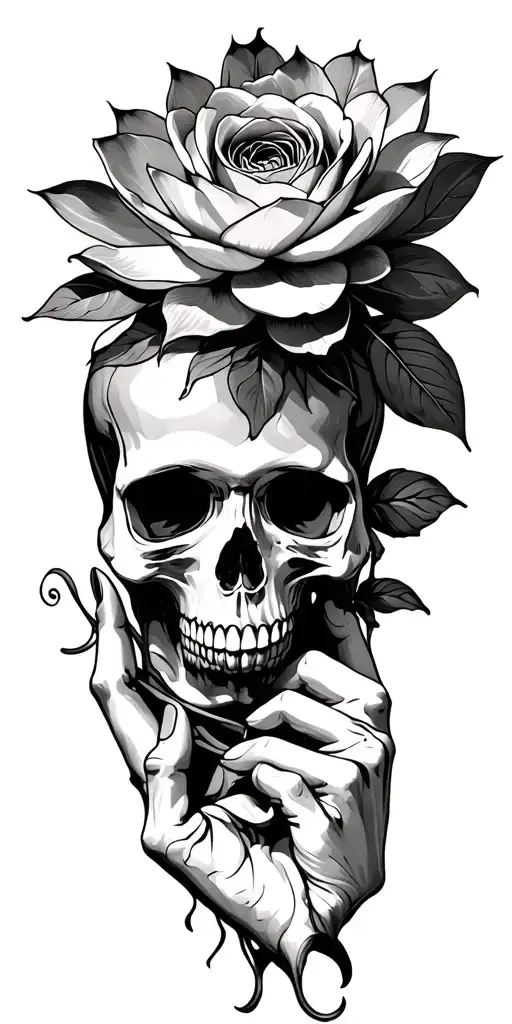 Roses And Lotus With Skull Hand