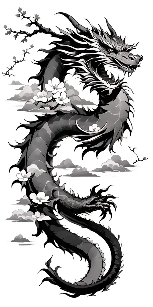 Dragon That Wraps Around The Arm With Clouds And Cherry Blossom Tree
