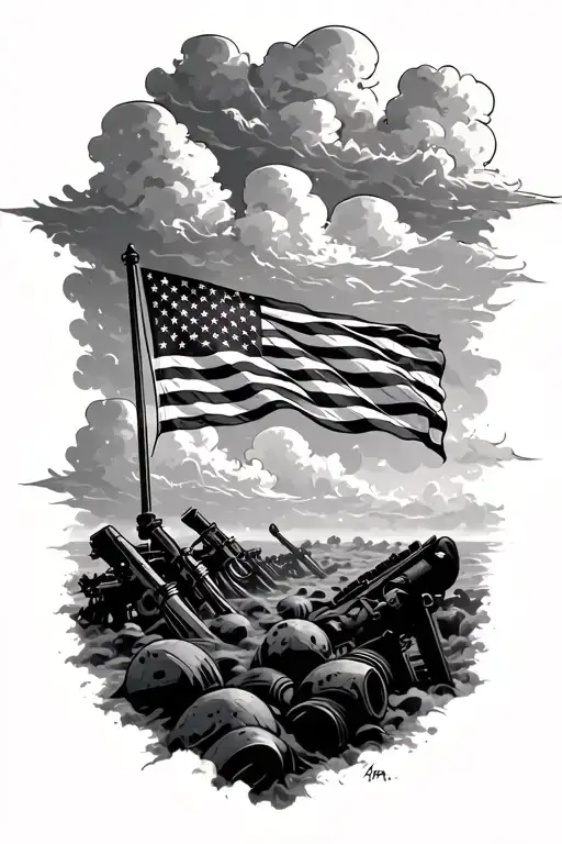 Clouds With Battlefield And American Flag Tattoo